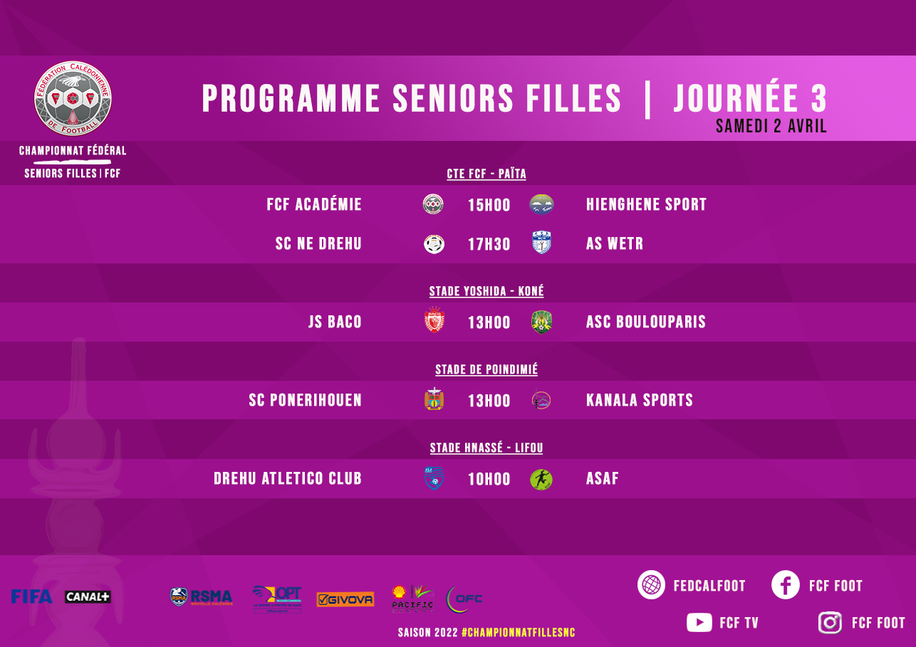 Classements U18 et Féminines + Programme Filles seniors (J3) / Championnats Fédéraux FCF