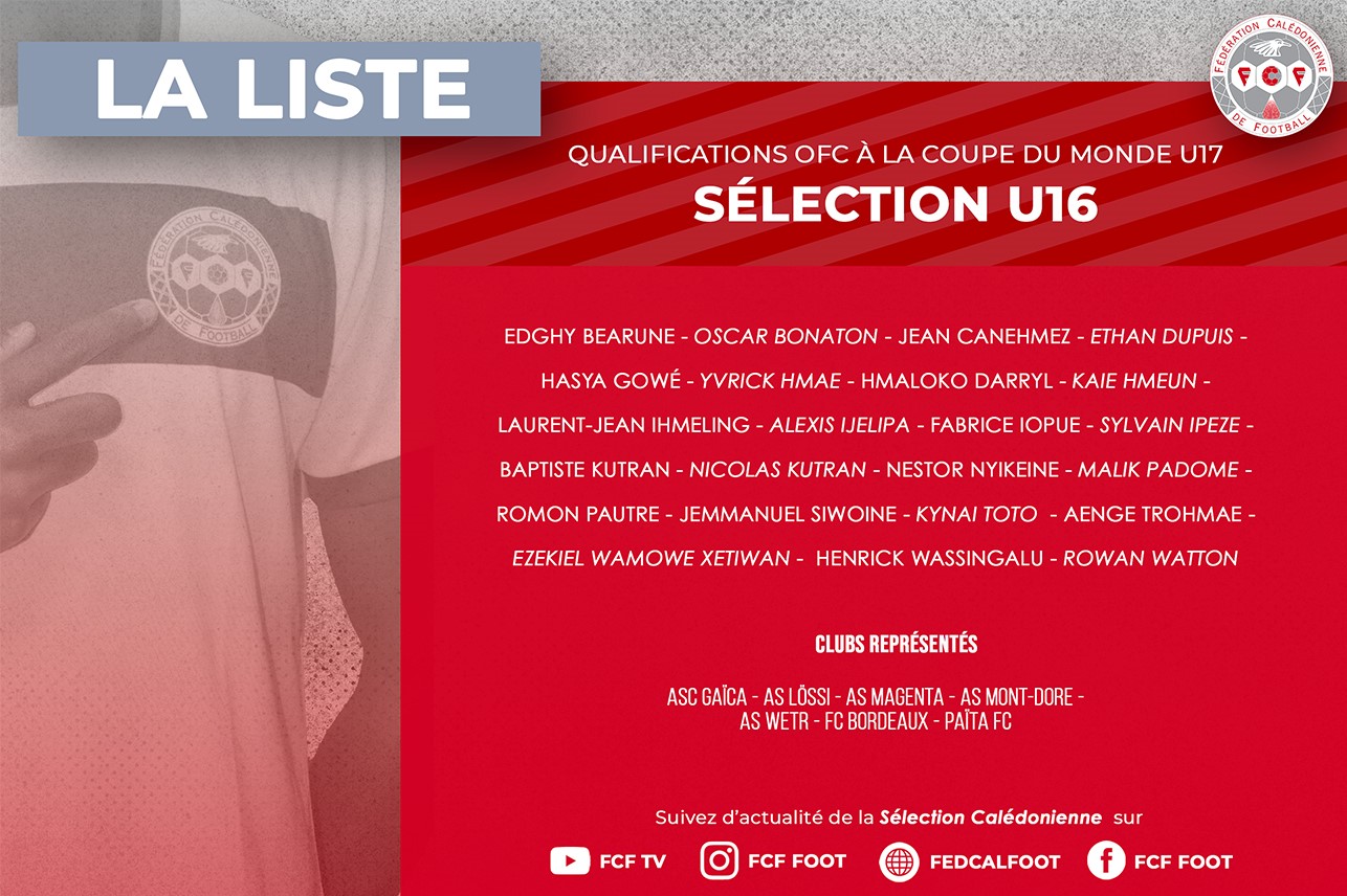 La LISTE officielle des U16 calédoniens | Tournoi OFC U-16 [Tahiti, 29 juillet au 11 août]